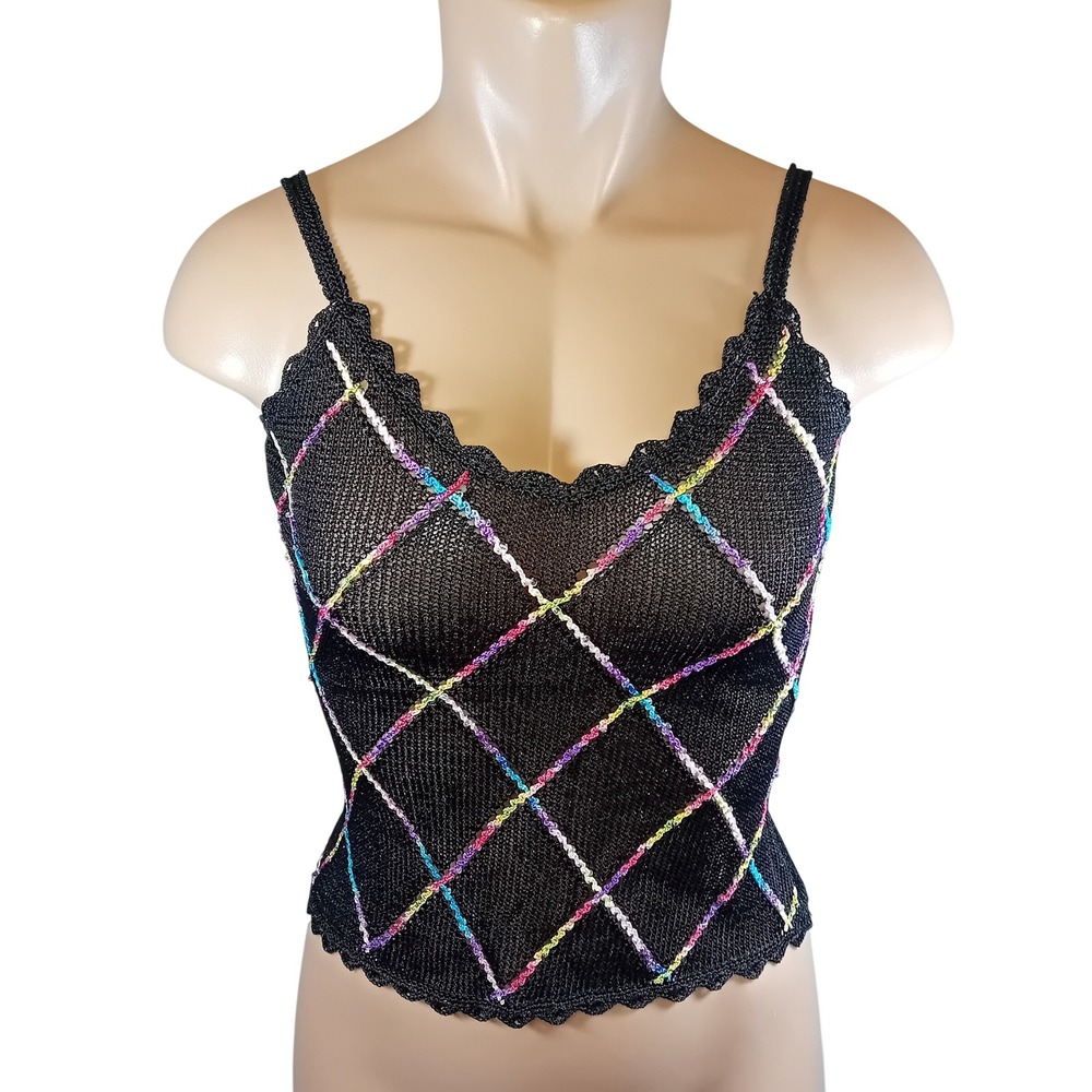 VTG 90s Y2K Valenti Sheer Knit Rainbow Harlequin Diamond Check Tank Mall Goth S‎